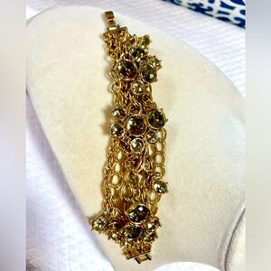 J. Crew Gold Tone Chain Bracelet w/ Light Green Bezel Set Gem Clusters